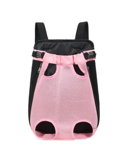 Breathable pink and black mesh pet carrier backpack detail view with shoulder straps.