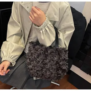 Dark grey fuzzy plush tote bag, soft winter handbag, casual daily style detail shot.