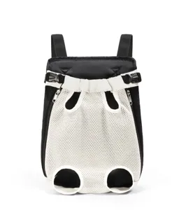 Breathable mesh pet carrier backpack detail view showing secure leg holes and adjustable straps.