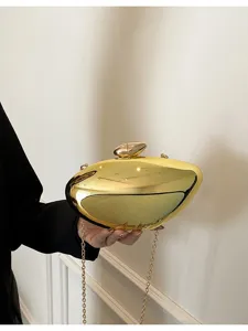 Gold metallic hard shell clutch bag, fashion glossy shoulder evening bag with chain strap
