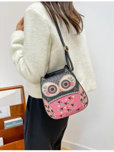 Cute owl crossbody bag for women, stylish black and pink PU leather shoulder bag for summer.