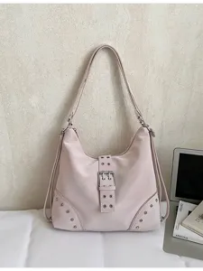 Pink stylish shoulder bag for women, large capacity hobo tote with buckle and chic metal studs.
