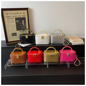 Stylish pearl studded top handle box bag with chain strap, multi-color fashion crossbody.