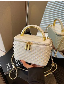 Women's Pearl Handbag PU Leather Crossbody Bag Fashion Casual Chain Shoulder Bag Small Square Box Bag Daily Elegant Purse