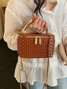 Brown pearl vanity bag for women, stylish structured box shoulder bag with chain strap.