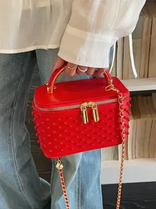 Red pearl vanity box bag for women, stylish niche luxury chain crossbody bag main view.