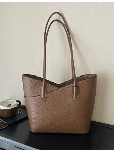 Brown pebbled leather tote bag for women, large capacity shoulder bag for daily office use.
