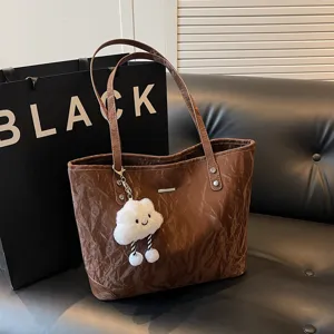 Women Large Capacity PU Leather Tote Bag Casual Crinkled Shoulder Handbag Commuter Bag With Cloud Pendant