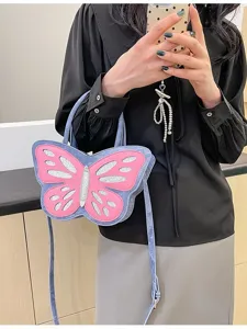Bolso bandolera de mezclilla con mariposa para mujer, bolso rosa brillante elegante.