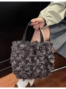 Autumn winter cute plush tote bag for women, stylish dark grey furry handbag daily wear.