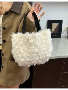 Fall winter cute plush handbag fuzzy white fleece tote bag casual shoulder bag for women