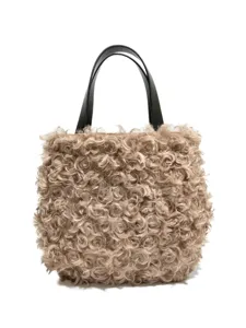Fall winter curly fleece tote bag, cute fluffy handbag with black leather handles.