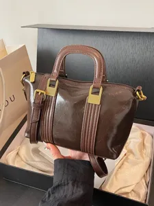 Women PU Leather Retro Boston Handbag Fashion Solid Color Casual Commuter Shoulder Bag Daily Top Handle Bag