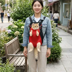 Breathable front pet backpack carrier for cats and dogs, adjustable mesh travel bag red