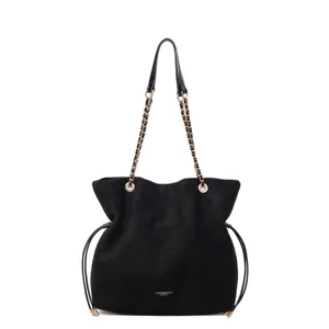 Sac cabas souple en suédine noire avec bandoulière chaîne et cordon, sac élégant chic.