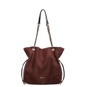 Elegant brown suede tote bag with chain straps and stylish drawstring design for women daily use.