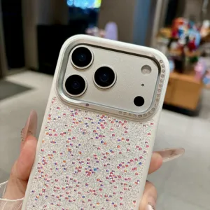 Detail view of luxury glitter rhinestone phone case with camera protection frame shiny design