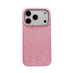 Pink glitter rhinestone phone case for iPhone with luxury sparkling diamond camera frame.