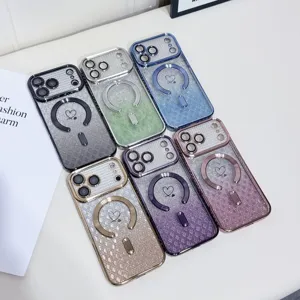 Gradient glitter heart phone case with magnetic ring stand designed for multiple color options.