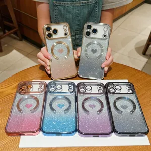 Glitter gradient magnetic phone case for iPhone, soft TPU cover with heart pattern details.