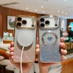 Glitter gradient iPhone case detail, luxury magnetic ring and cute heart design, stylish soft cover.
