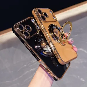Luxe gegalvaniseerde telefoonhoes met ringstandaard en camerabeschermer voor iPhone, stijlvol.