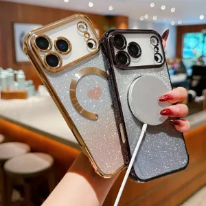 Detailed view of luxury glitter magnetic phone case with cute heart pattern for iPhone series.