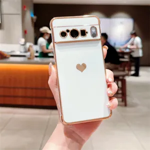 Coque de téléphone cœur galvanisée pour Google Pixel, housse souple blanche avec bord doré.