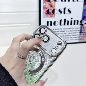 Detailed view of the diamond gradient glitter MagSafe phone case with heart pattern and camera guard.
