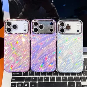 Holographic wave electroplated phone case with rhinestone camera protector for iPhone.