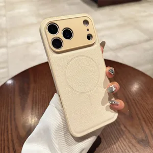 Detail view of beige plain leather MagSafe phone case with precise camera cutouts and fine finish.
