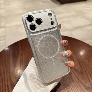 Silver magnetic leather phone case for iPhone 16 Pro Max, luxury slim protective cover.