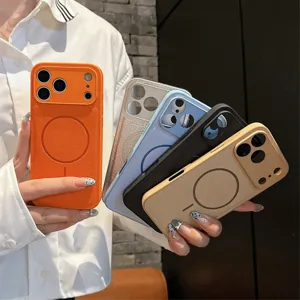 Detail view of colorful plain leather magnetic phone cases showing fine holes and lens protection.