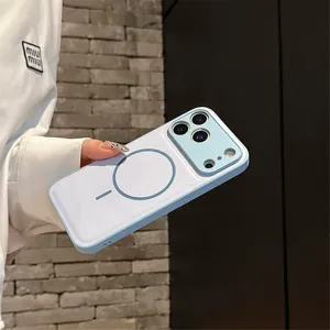 Light blue leather magnetic phone case compatible with iPhone 16 series, slim and protective.