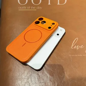 Orange luxury leather MagSafe phone case compatible with iPhone 16 protective cover.