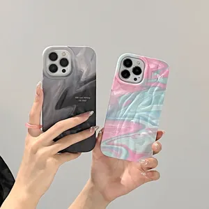Marbled wrinkled ink phone case detail view showing dual color options and skin feel texture.