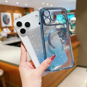 Gradient glitter magnetic phone case for iPhone, soft protective back cover with MagSafe ring.