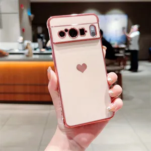 Coque de téléphone cœur électroplaquée pour Google Pixel, cadre or rose et design minimaliste mignon.