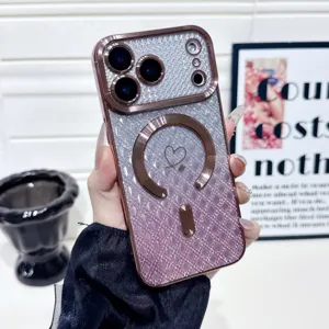 Diamond gradient glitter heart phone case with magnetic ring stand for iPhone 16 15 Pro Max