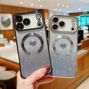 Gradient glitter MagSafe phone case with stylish heart pattern soft silicon cover.
