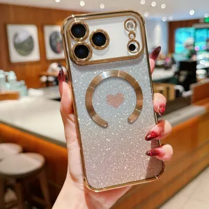 Luxurious glitter gradient MagSafe phone case with gold plating and heart design for iPhone.
