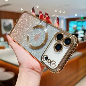 Gradient glitter magnetic phone case with heart pattern and camera lens protector for iPhone.