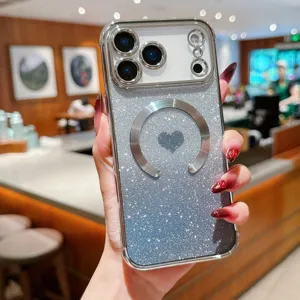 MagSafe Gradient Glitter Phone Case with Heart Pattern for iPhone 16 17 Pro Max Soft