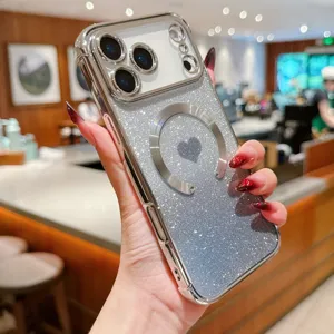 Luxury Magnetic Glitter Phone Case with Heart Pattern for iPhone 17 16 15 Series Soft Cover