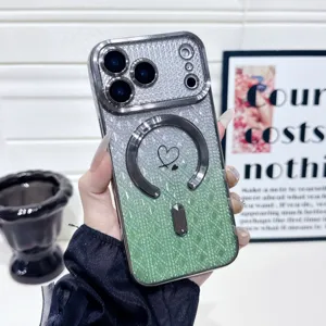 Detailed view of the gradient glitter phone case with magnetic ring and heart pattern.