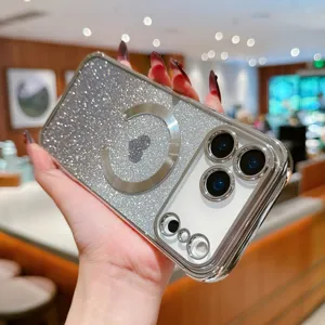 Silver glitter MagSafe phone case detail showing sparkling gradient design and heart pattern.