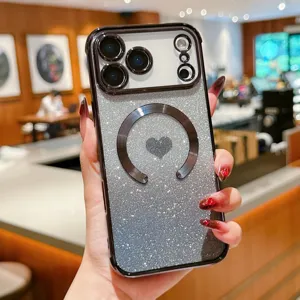 Detail shot of gradient glitter MagSafe phone case with heart pattern for iPhone models.