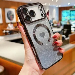 Glitter magnetic phone case with heart pattern for iPhone 15 16 17 Pro Max soft cover case