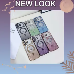 Gradient glitter diamond pattern phone case with heart ring holder for iPhone, stylish protection.