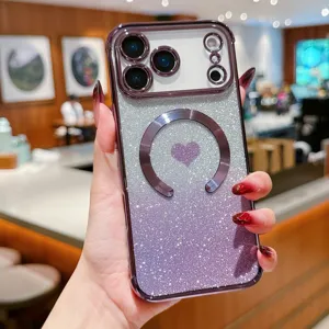 Magnetic gradient glitter iPhone case with heart pattern and MagSafe ring support details.